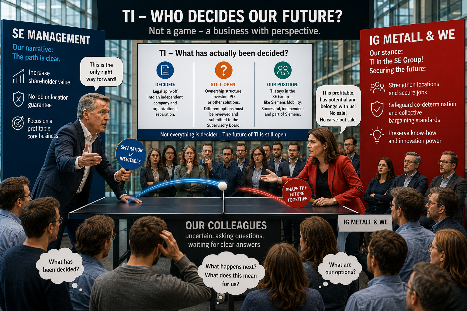 TI – What has been decided? Visual comparison of the positions of SE Management, IG Metall and employee representatives